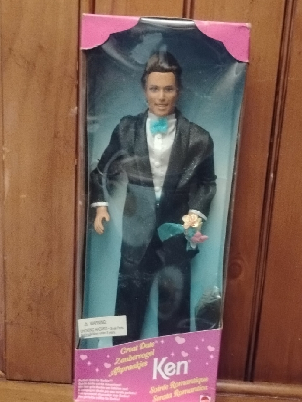 Mattel Ken Doll in Black Tuxedo with Blue Bow Tie and Pink Accents